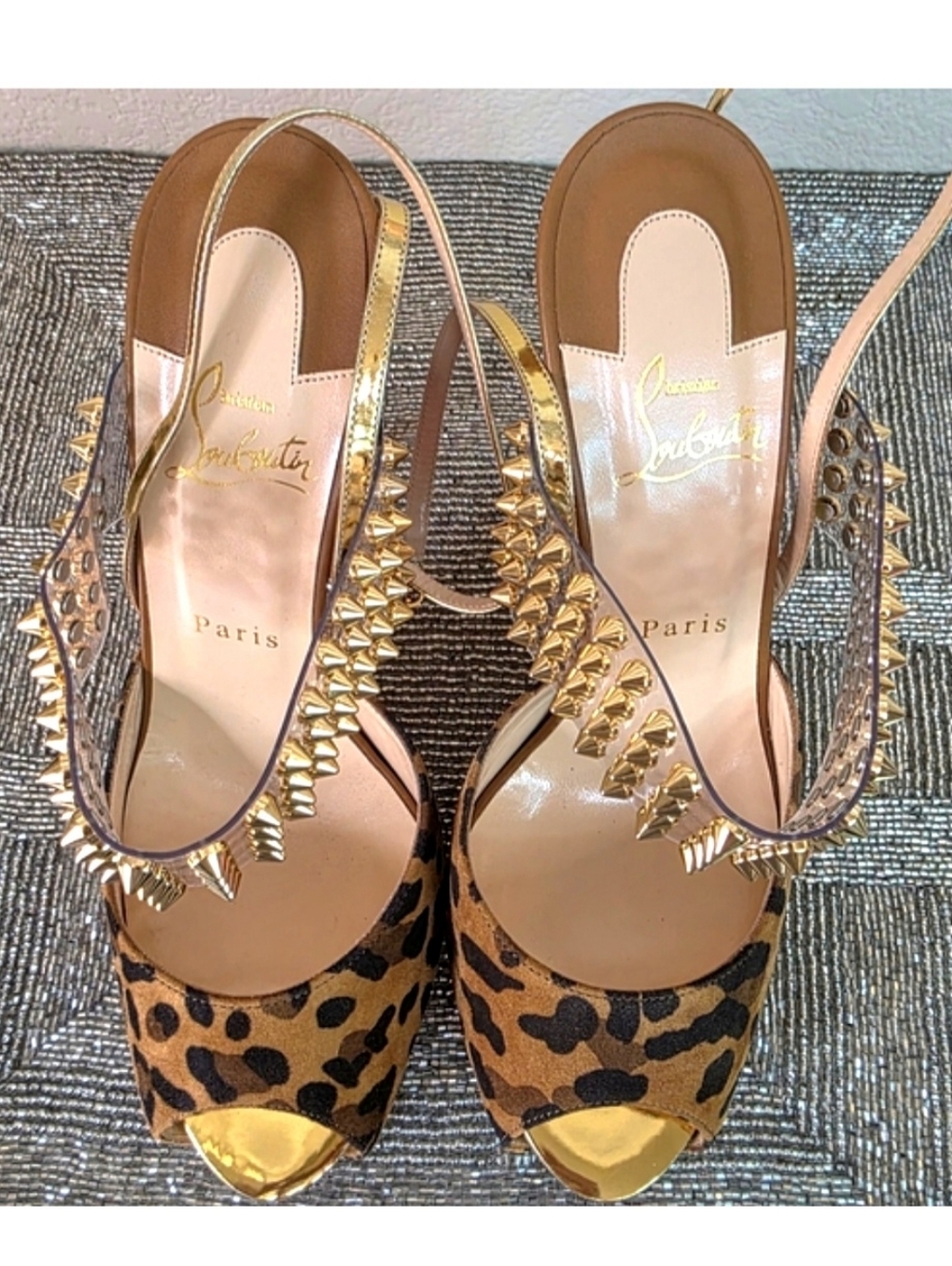 Christian Louboutin Levitagirl 120 Gold Spiked Leather Suede Leopard Heels EU39 - Picture 10 of 16